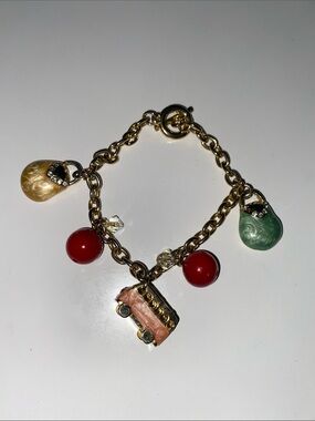 Gold-Tone Charm Bracelet with Red Beads and Multicolor Teardrop Charms